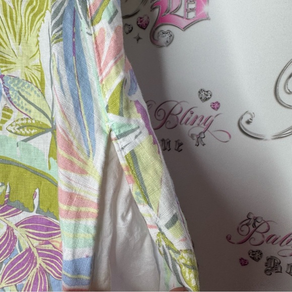 Dress 100% linen floral pastel tropical keyhole button seashell 🐚 pockets luxe - Picture 6 of 13